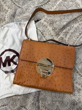 Michael Kors Tan Ostrich-Embossed Leather Satchel with Gold Hardware
